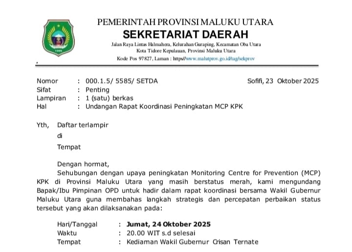 MCP KPK ‘Merah’, Pemprov Malut Gelar Rapat Mendadak